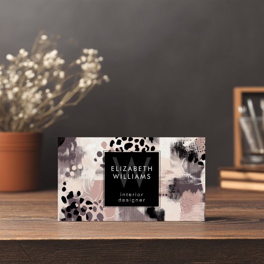 Dusky Pink Black Abstract Monogram Business Cards Visitekaartje