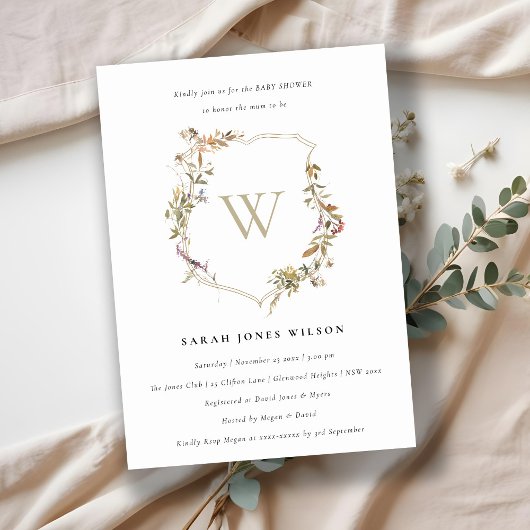 Dusky Pink Blush Wildflower Crest Baby shower Kaart