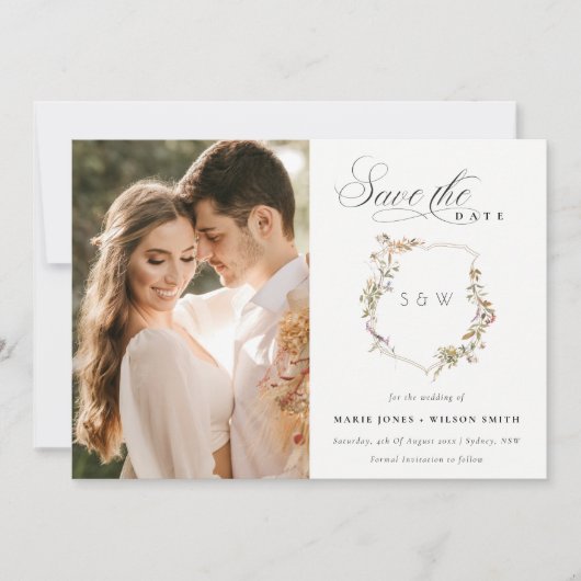 Dusky Pink Blush Wildflower Crest Foto bruiloft Save The Date (Voorkant)