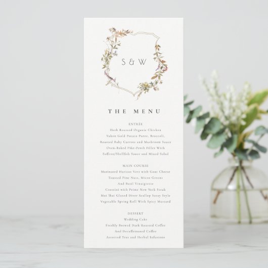 Dusky Pink Blush Wildflower Crest Wedding Menu Kaart (Staand voorkant)