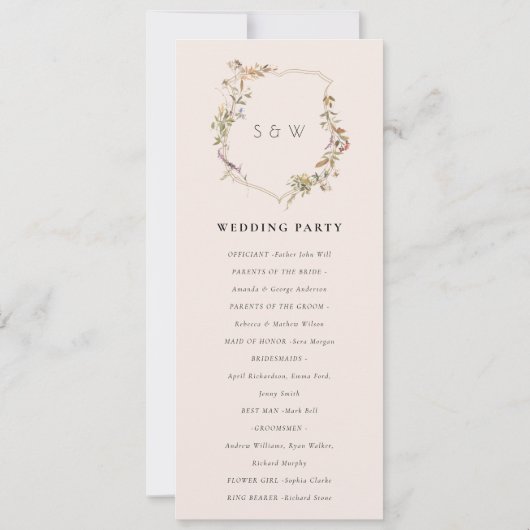Dusky Pink Blush Wildflower Crest Wedding Program Kaart (Achterkant)
