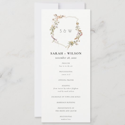 Dusky Pink Blush Wildflower Crest Wedding Program Kaart (Voorkant)
