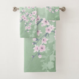 Dusky Pink Cherry Blossom Green Background Floral Bad Handdoek