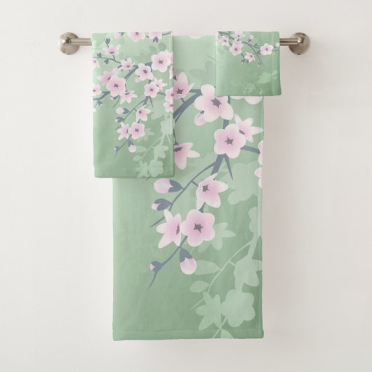 Dusky Pink Cherry Blossom Green Background Floral Bad Handdoek (Insitu)
