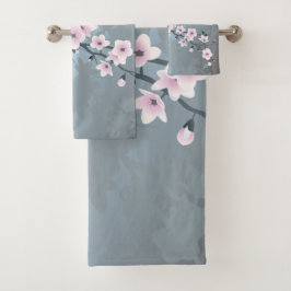 Dusky Pink Dusty Blue Cherry Blossom Floral Bad Handdoek