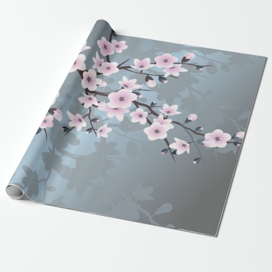 Dusky Pink Dusty Blue Cherry Blossoms Floral Cadeaupapier (Uitgerold)