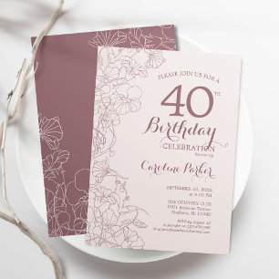 Dusky Pink Floral 40th Birthday Party Kaart
