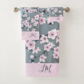 Dusky Pink Grayish Blue Cherry Blossom Floral Bath Bad Handdoek (Insitu)