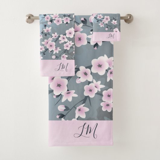 Dusky Pink Grayish Blue Cherry Blossom Floral Bath Bad Handdoek (Insitu)