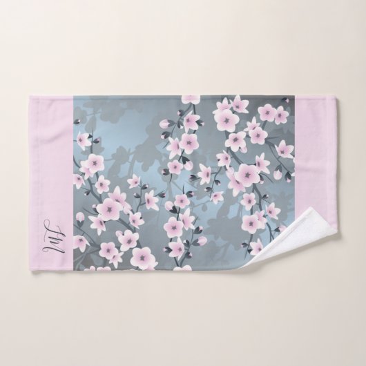 Dusky Pink Grayish Blue Cherry Blossom Floral Bath Bad Handdoek (Handdoek)