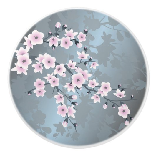 Dusky Pink Grayish Blue Cherry Blossom Floral Keramische Knop (Voorkant)