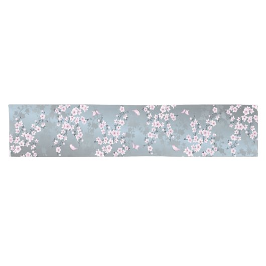 Dusky Pink Grayish Blue Cherry Blossom Korte Tafelloper (Horizontaal)