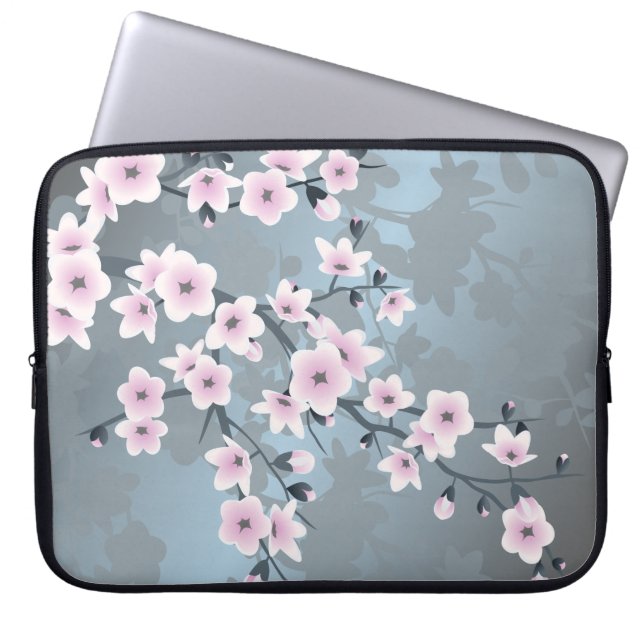 Dusky Pink Grayish Blue Cherry Blossom Laptop Sleeve (Voorkant)