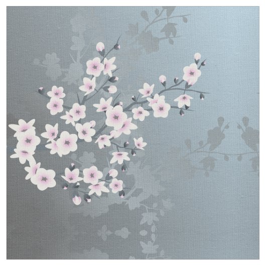 Dusky Pink Grayish Blue Cherry Blossom Pattern Fab Stof (Close Up)