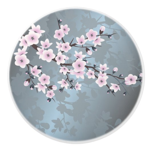 Dusky Pink Grayish Blue Cherry Blossoms Floral Keramische Knop (Voorkant)