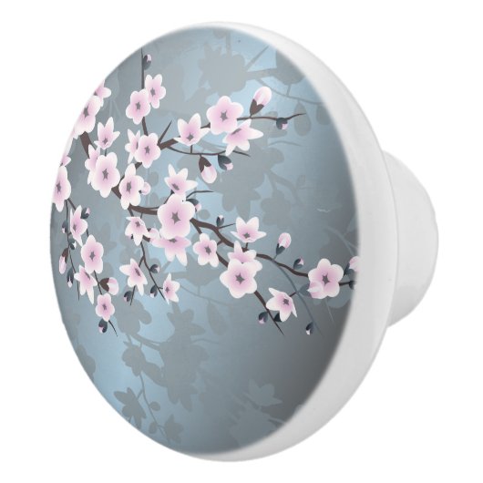 Dusky Pink Grayish Blue Cherry Blossoms Floral Keramische Knop (Rechts)