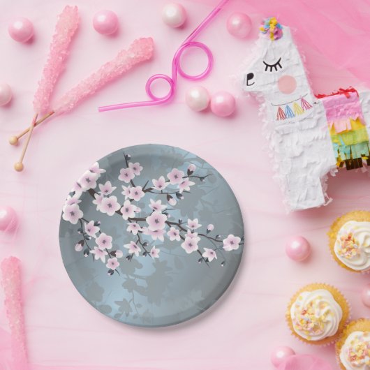 Dusky Pink Grayish Blue Cherry Blossoms Floral Papieren Bordje (Feest)