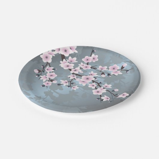 Dusky Pink Grayish Blue Cherry Blossoms Floral Papieren Bordje (Gekanteld)