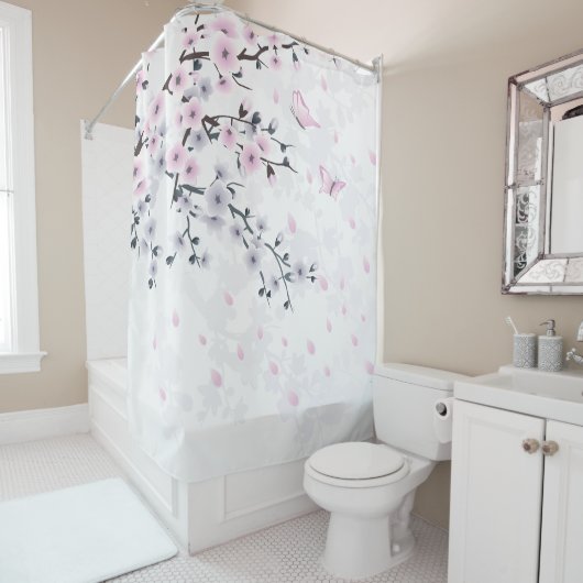 Dusky Pink Mauve White Cherry Blossom Douchegordijn (In situ)