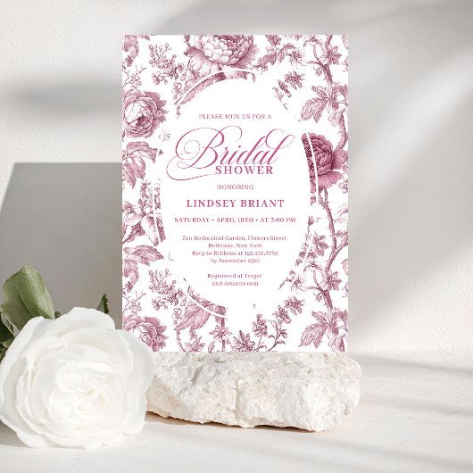 Dusky Pink Toile Roses Pattern Bridal Shower Invit Kaart