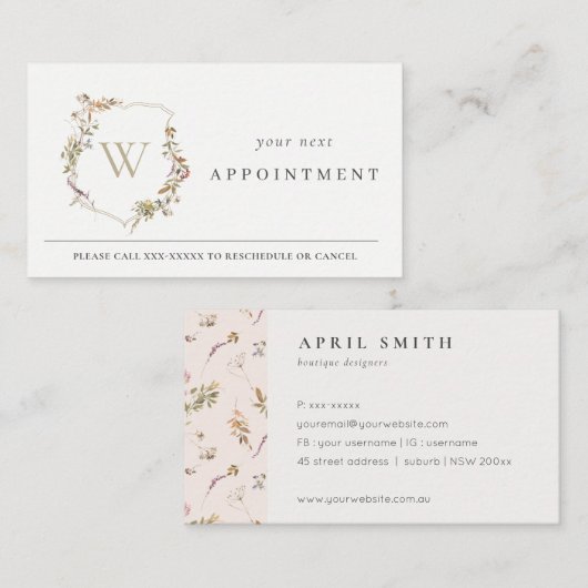Dusky Pink Wildflower Monogram Crest Afspraak Visitekaartje (Voorkant / Achterkant)