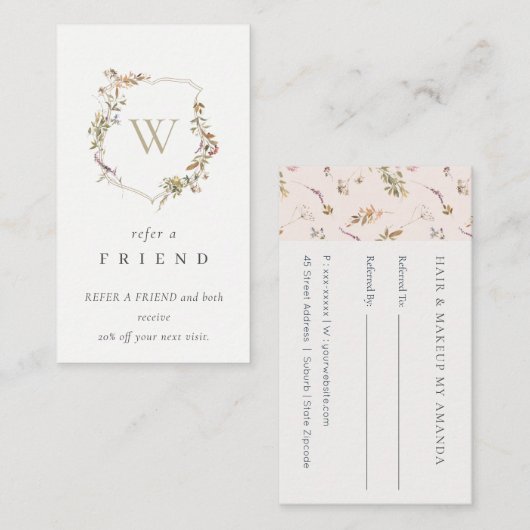 Dusky Pink Wildflower Monogram Crest Verwijs Vrien Visitekaartje (Voorkant / Achterkant)