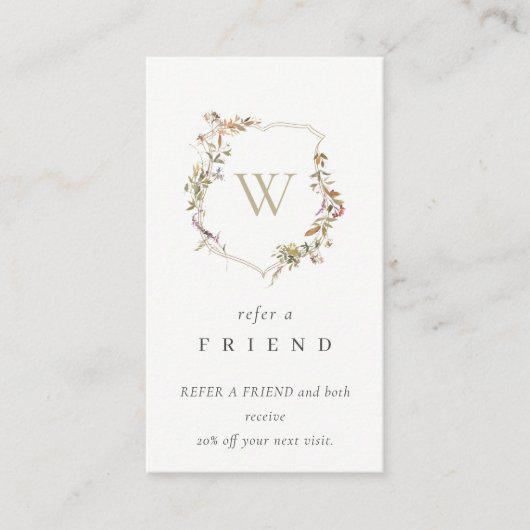 Dusky Pink Wildflower Monogram Crest Verwijs Vrien Visitekaartje (Voorkant)