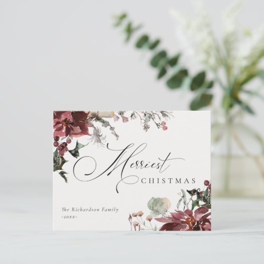 Dusky Red Poinsettia Floral Merriest Kerstmis Briefkaart (Staand voorkant)