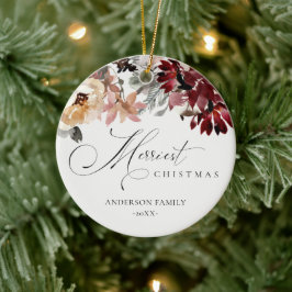 Dusky Red Poinsettia Floral Merriest Kerstmis Keramisch Ornament