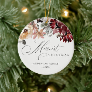 Dusky Red Poinsettia Floral Merriest Kerstmis Keramisch Ornament