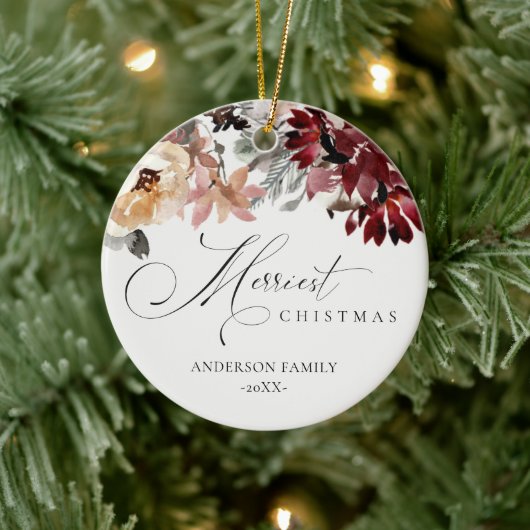 Dusky Red Poinsettia Floral Merriest Kerstmis Keramisch Ornament (Boom)