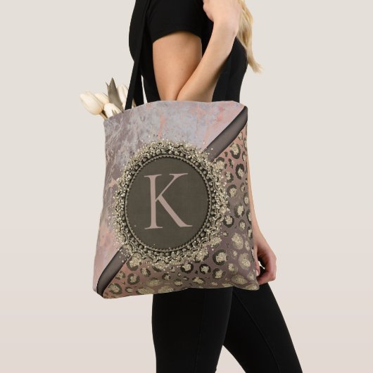 Dusky Roos Marmer Glitterij Leopard Monogram Tote Bag (Dichtbij)
