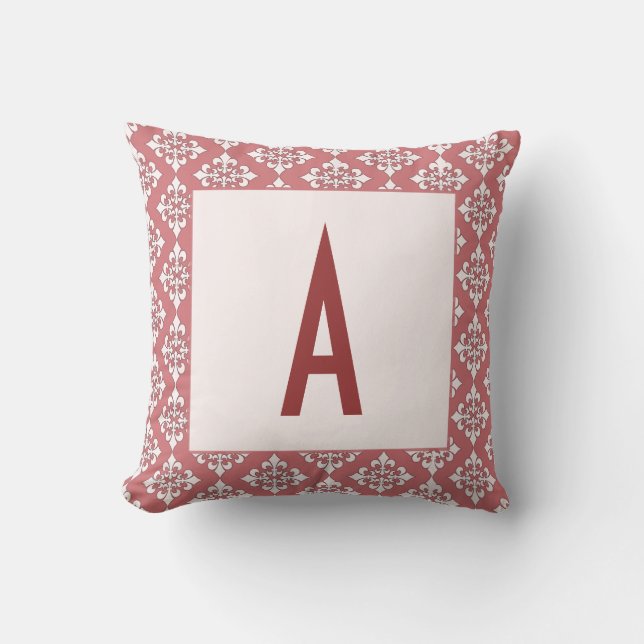Dusky Roze Damask Border Monogram Pillow Kussen (Voorkant)