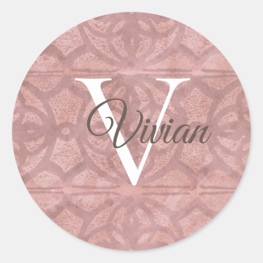 Dusky roze met witte monogram naam ronde sticker (Voorkant)