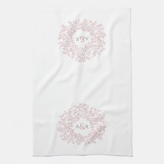 Dusky roze witte cirkelbladmonogram theedoek (Verticaal)
