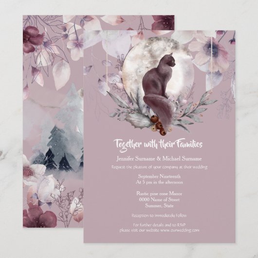 Dusky roze zwarte waterverf maanuitnodiging kaart (Voorkant / Achterkant)