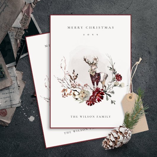 Dusky Stag Marsala Foliage Krans Prettig Kerstfees Feestdagenkaart