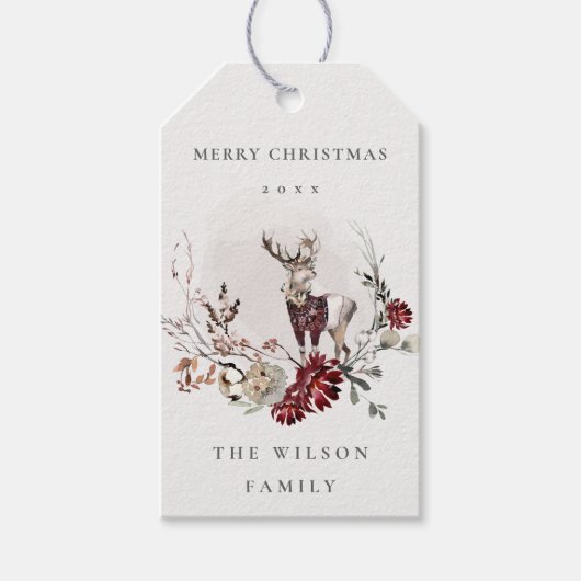 Dusky Stag Marsala Foliage Wreath Merry Kerstmis Cadeaulabel (Voorkant)