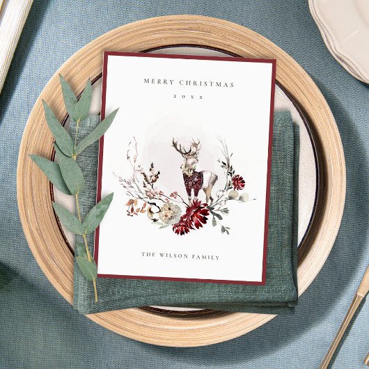Dusky Stag Marsala Foliage Wreath Merry Kerstmis Feestdagenkaart