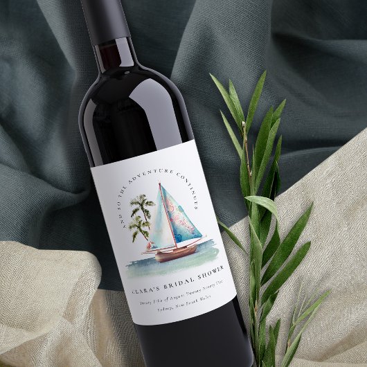 Dusky Teal Zeilboot Palm Seascape Bruidsmeisje Sho Wijn Etiket