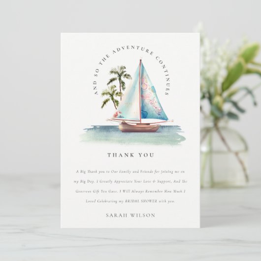 Dusky Teal Zeilboot Palm Seascape Bruidsshower Bedankkaart (Staand voorkant)