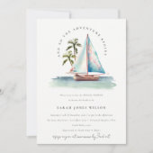 Dusky Teal Zeilboot Palm Seascape Bruiloft Feest Kaart (Voorkant)