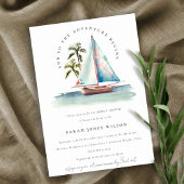 Dusky Teal Zeilboot Palm Seascape Bruiloft Feest Kaart