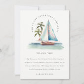 Dusky Teal Zeilboot Palm Zeelandschap Bruidsdouche Bedankkaart (Voorkant)