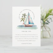 Dusky Teal Zeilboot Palm Zeelandschap Bruidsdouche Bedankkaart (Staand voorkant)