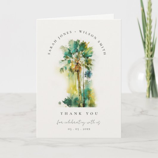Dusky Tropical Waterverf Palm Trees Foto Wedding Bedankkaart (Voorkant)