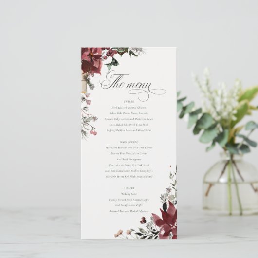Dusky Warm Winter Festive Fauna Wedding Menu Kaart (Staand voorkant)