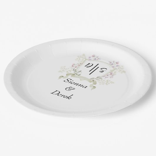 Dusky Wildflower Monogram Crest Trouw Papieren Bordje (Gekanteld)