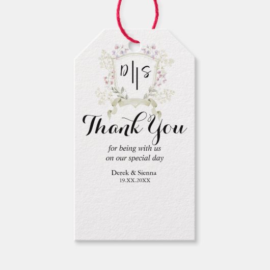 Dusky Wildflower Monogram Crest Wedding Cadeaulabel (Voorkant)