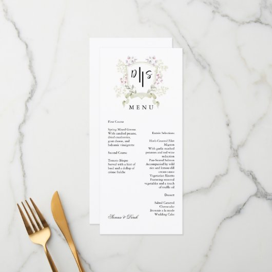 Dusky Wildflower Monogram Crest Wedding Menu (Voorkant / Achterkant in situ)